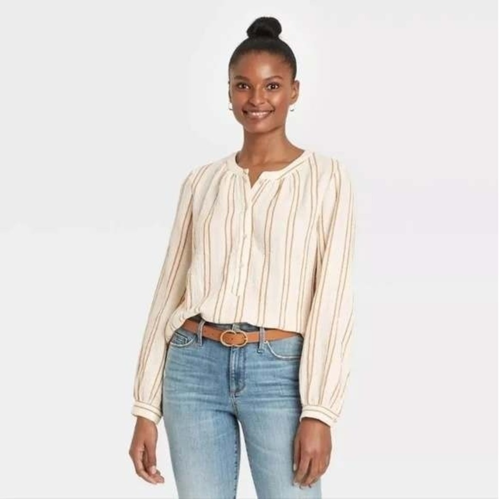 Universal Thread‎ Striped Long Sleeve Half Placket Blouse White/Tan Women's S